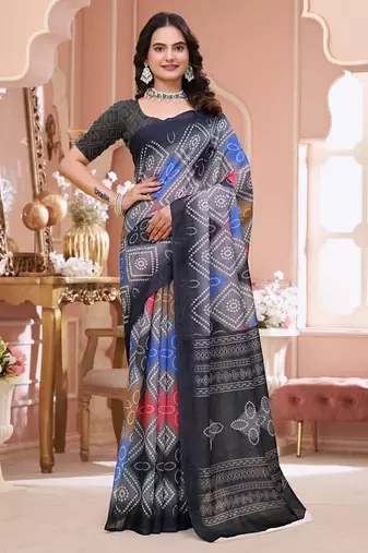 Grey printed art silk designer pallu saree