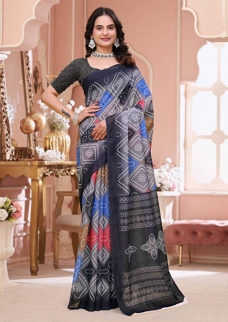 Grey printed art silk designer pallu saree
