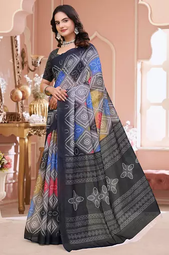 Grey printed art silk designer pallu saree