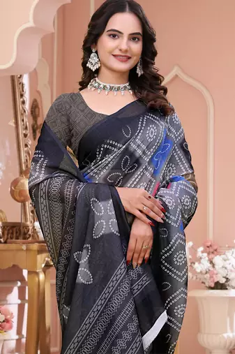 Grey printed art silk designer pallu saree