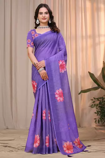 Lavender printed art silk designer pallu saree
