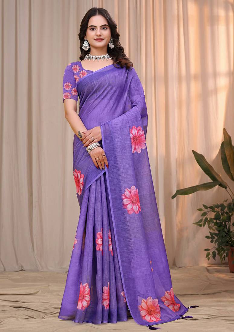 Lavender printed art silk designer pallu saree