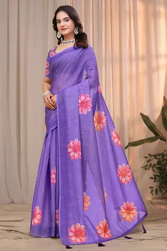 Lavender printed art silk designer pallu saree