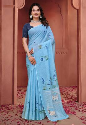 Sky blue printed art silk designer pallu saree 1