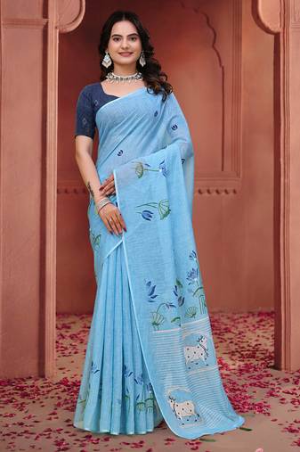 Sky blue printed art silk designer pallu saree