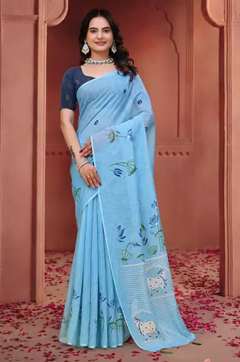 Sky blue printed art silk designer pallu saree