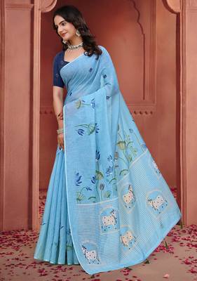 Sky blue printed art silk designer pallu saree 2