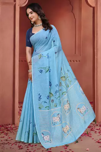 Sky blue printed art silk designer pallu saree