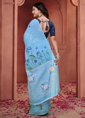 Sky blue printed art silk designer pallu saree 3