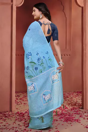 Sky blue printed art silk designer pallu saree