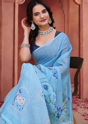 Sky blue printed art silk designer pallu saree 4