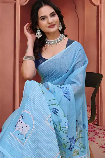 Sky blue printed art silk designer pallu saree