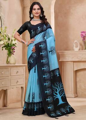 Sky blue printed art silk designer pallu saree 1