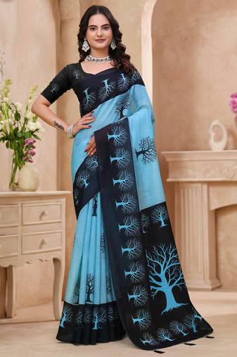 Sky blue printed art silk designer pallu saree