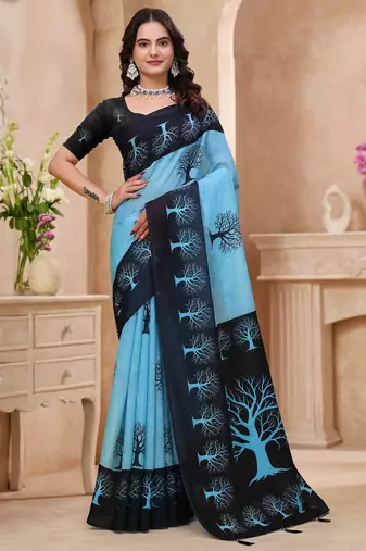 Sky blue printed art silk designer pallu saree
