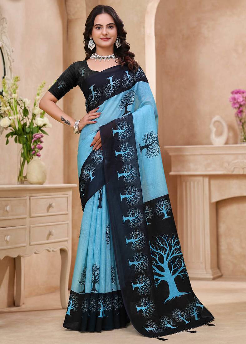 Sky blue printed art silk designer pallu saree