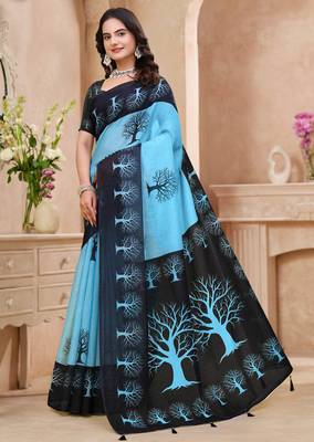 Sky blue printed art silk designer pallu saree 2