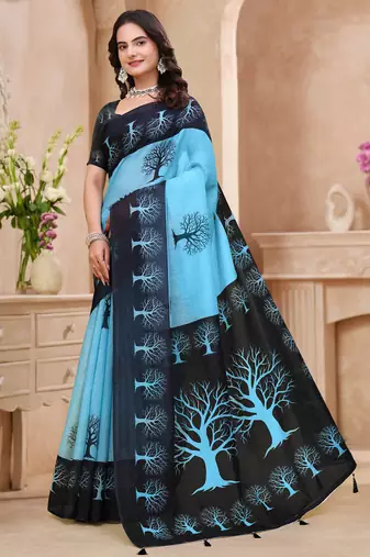 Sky blue printed art silk designer pallu saree