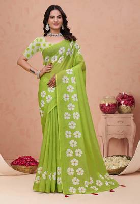 Parrot green printed art silk designer pallu saree 1