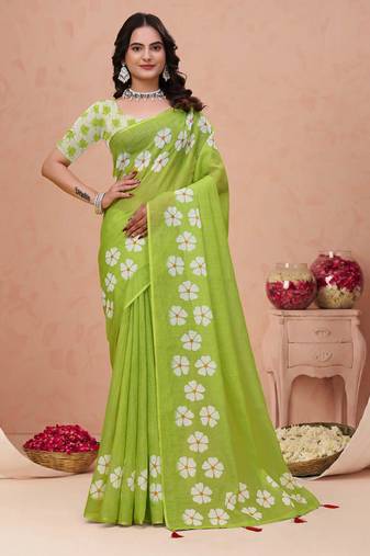 Parrot green printed art silk designer pallu saree