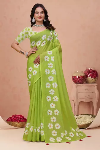 Parrot green printed art silk designer pallu saree