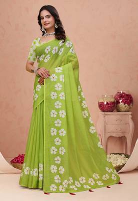 Parrot green printed art silk designer pallu saree 2