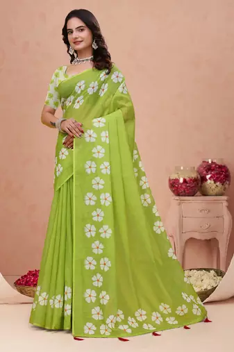 Parrot green printed art silk designer pallu saree