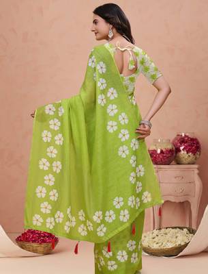 Parrot green printed art silk designer pallu saree 3