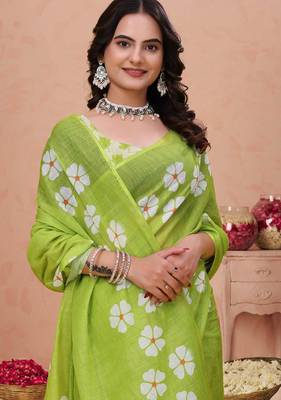 Parrot green printed art silk designer pallu saree 4