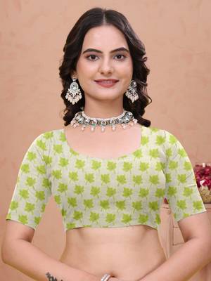 Parrot green printed art silk designer pallu saree 5