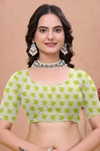 Parrot green printed art silk designer pallu saree