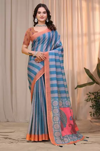 Teal printed art silk designer pallu saree