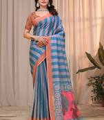 Teal printed art silk designer pallu saree