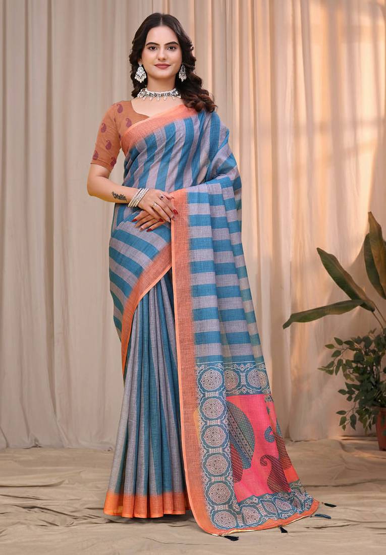 Teal printed art silk designer pallu saree
