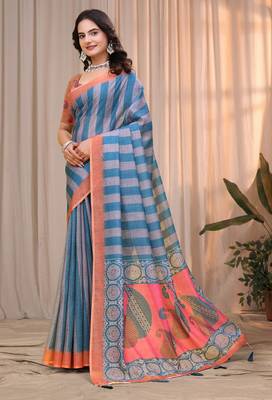 Teal printed art silk designer pallu saree 2