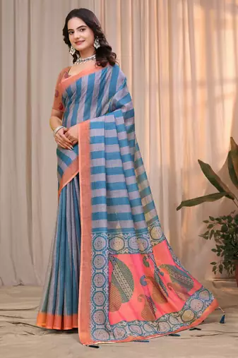 Teal printed art silk designer pallu saree