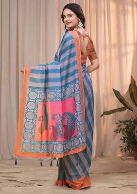 Teal printed art silk designer pallu saree 3