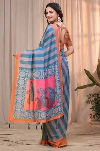 Teal printed art silk designer pallu saree