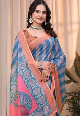 Teal printed art silk designer pallu saree 4