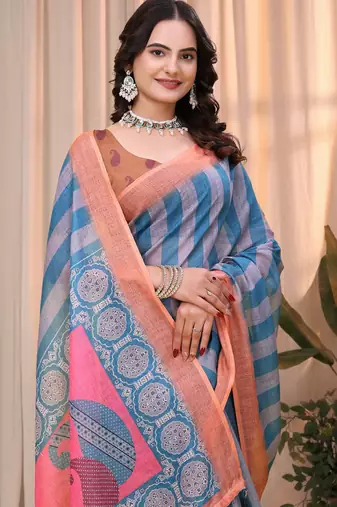 Teal printed art silk designer pallu saree