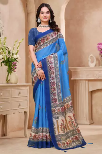 Sky blue printed art silk designer pallu saree