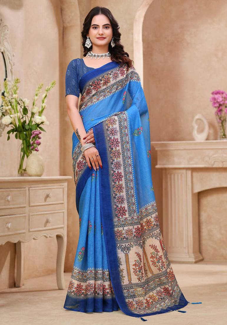 Sky blue printed art silk designer pallu saree