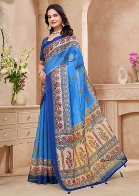 Sky blue printed art silk designer pallu saree 2