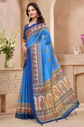 Sky blue printed art silk designer pallu saree
