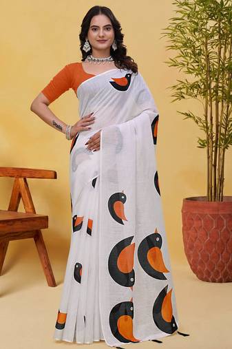 White printed art silk designer pallu saree