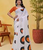 White printed art silk designer pallu saree