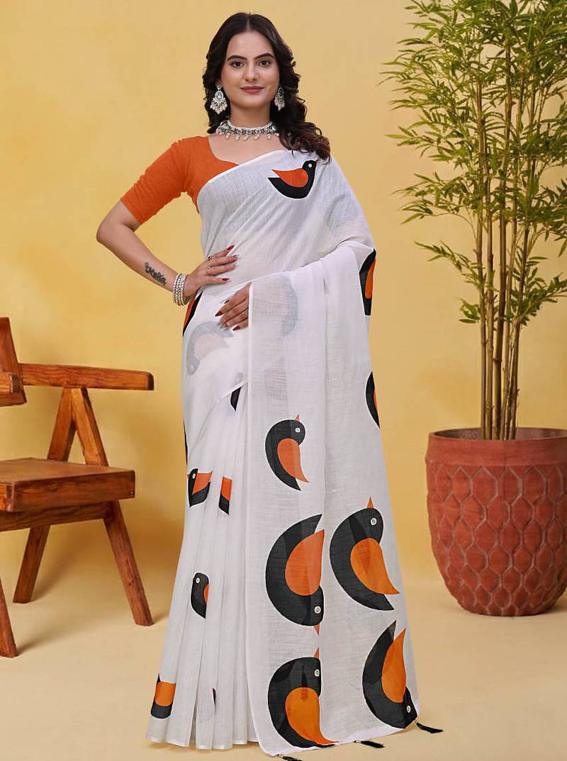 White printed art silk designer pallu saree