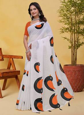 White printed art silk designer pallu saree 2