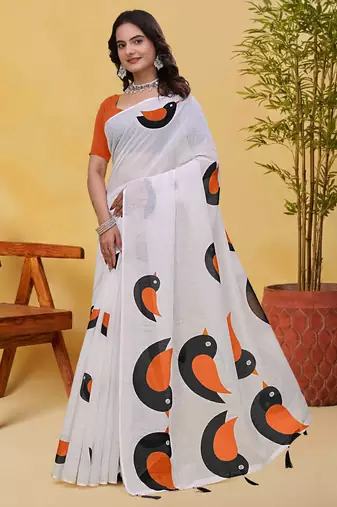 White printed art silk designer pallu saree