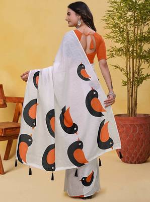 White printed art silk designer pallu saree 3